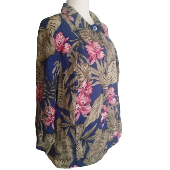Chico's Tropical Botanical Print 100% Linen Button Front Blouse Size 3 XL - Picture 3 of 7